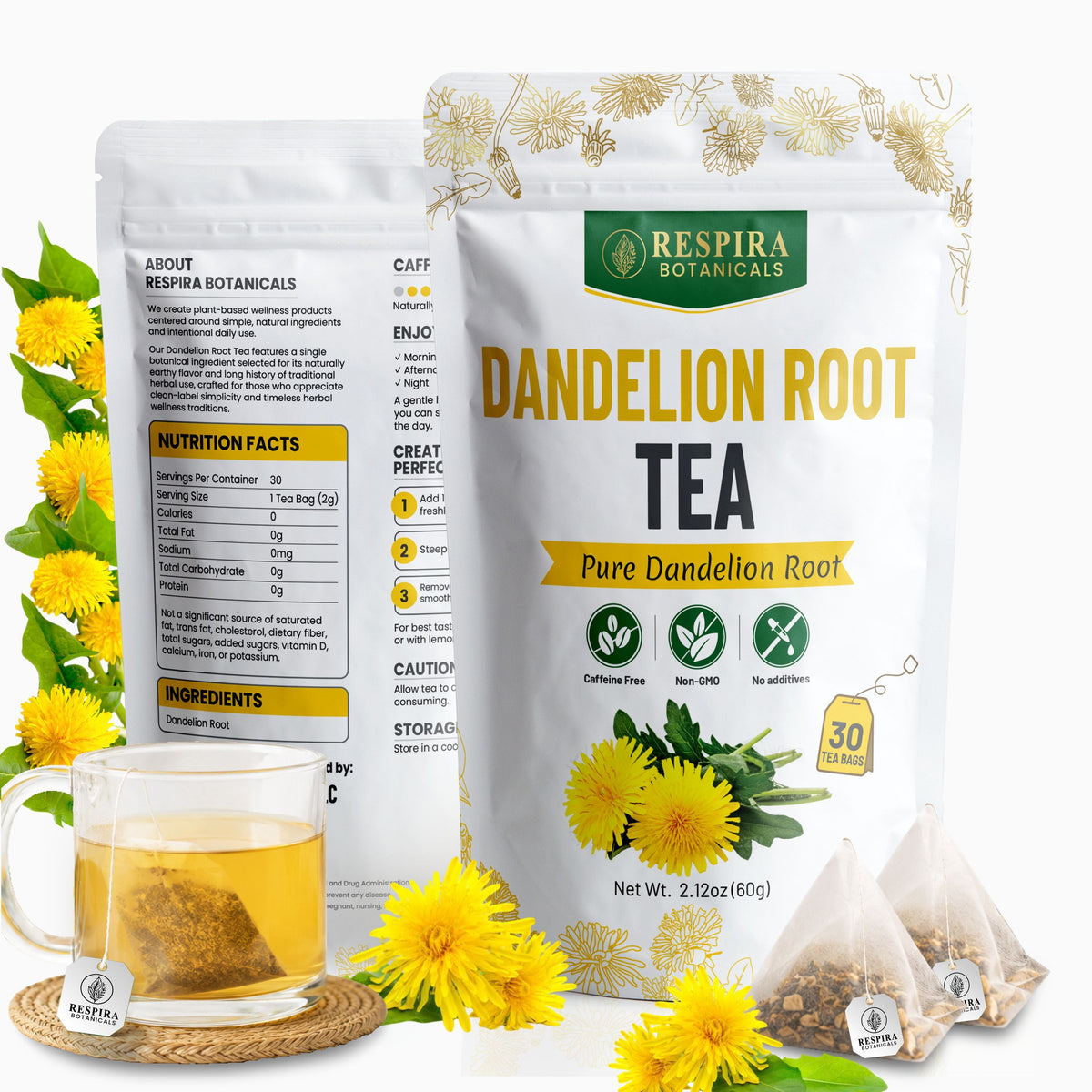 Dandelion Root Tea Bags - Liver & Digestive Support | Plastic-Free Tea Bags, String and Tag, 30 pack Respira Botanicals