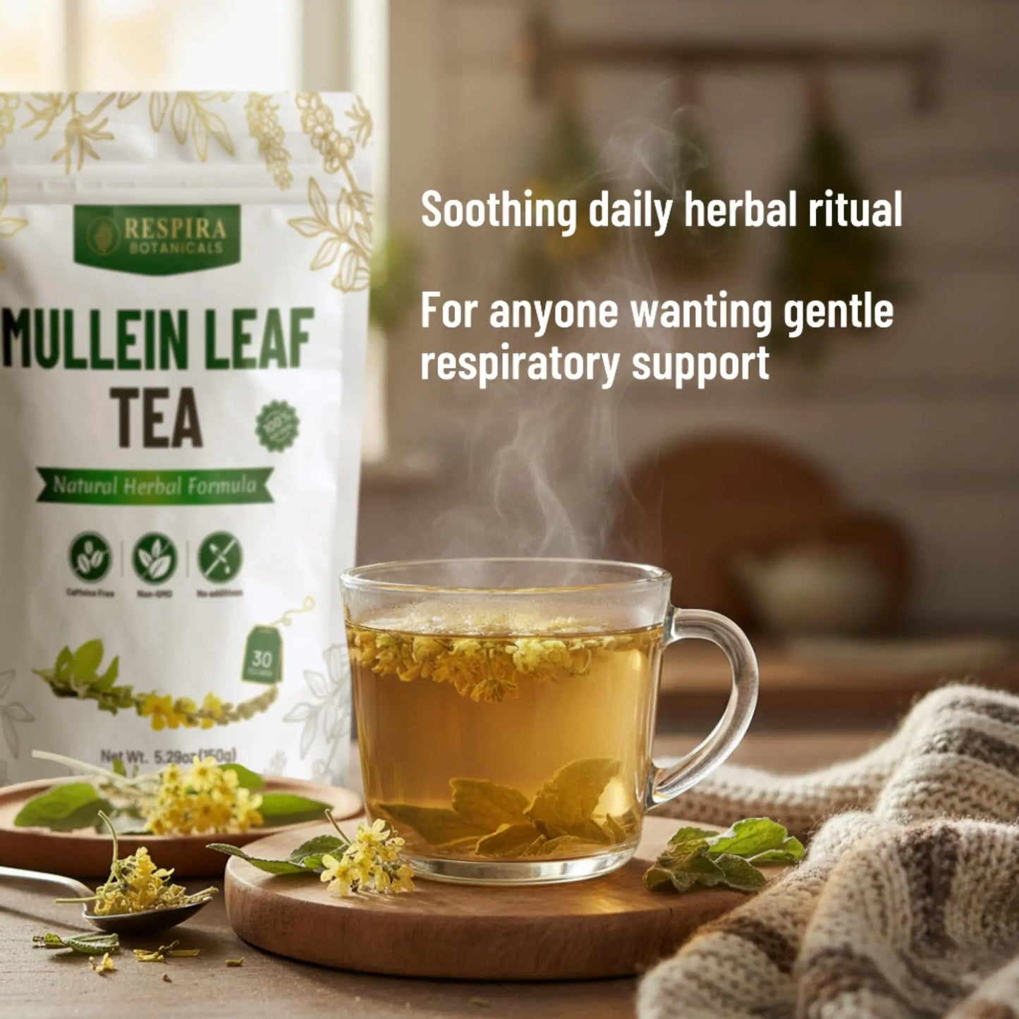 Mullein leaf tea with a steaming cup on a wooden tray, surrounded by tea leaves and flowers.