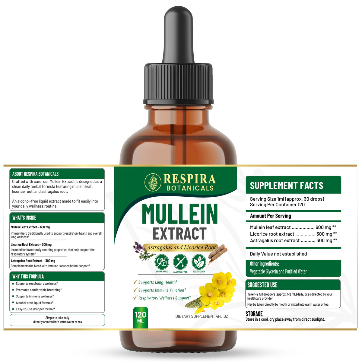Mullein Liquid Drops - Lungs & Respiratory Support, Sugar-Free, Vegan, 4 Fl Oz Respira Botanicals