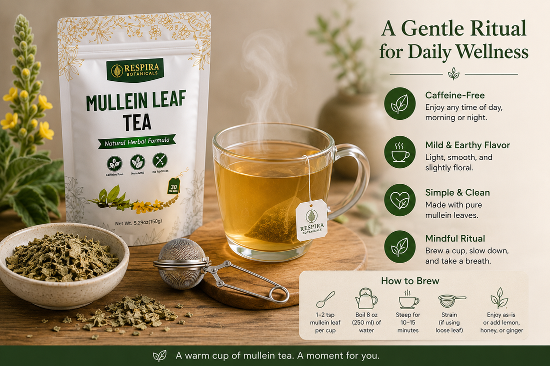 Freshly brewed mullein leaf tea served in a glass mug with dried mullein leaves.