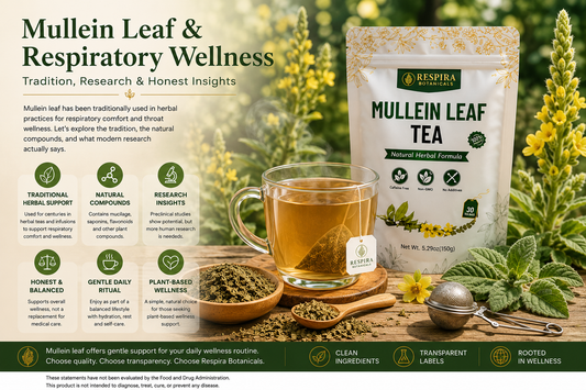 Mullein leaves and herbal tea representing traditional respiratory wellness support.