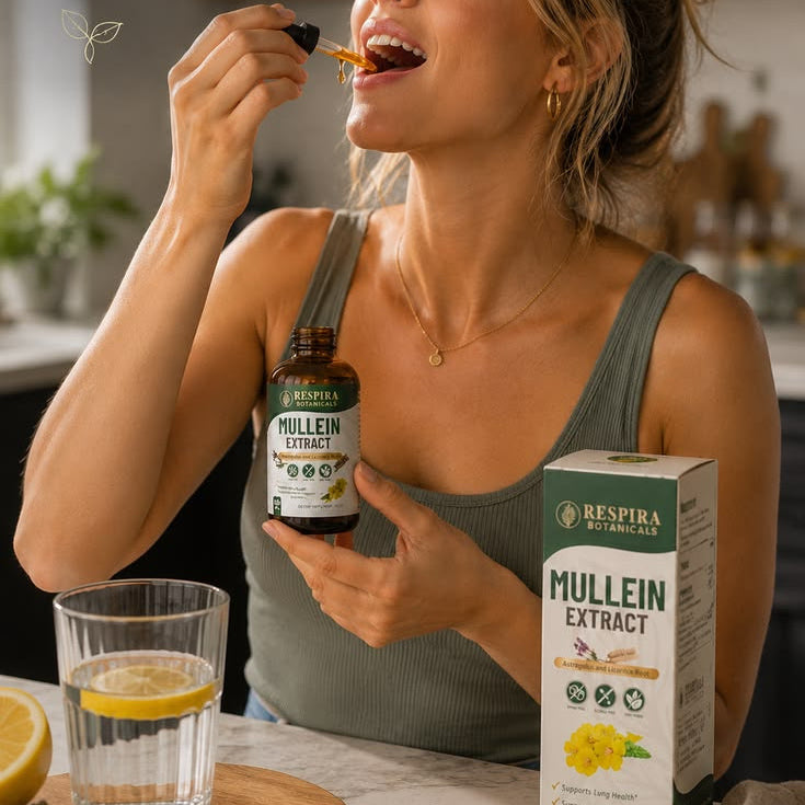 Woman taking a supplement with a glass of water andRespina Mullein Extract packaging in a kitchen setting.