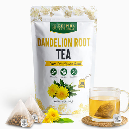 Dandelion Root Tea Bags - Liver & Digestive Support | Plastic-Free Tea Bags, String and Tag, 30 pack Respira Botanicals