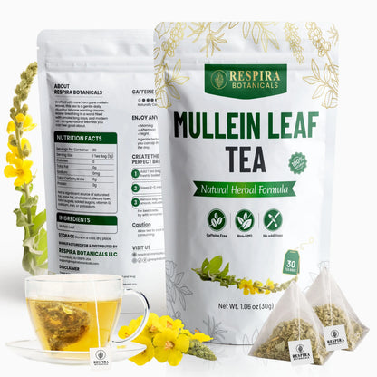 Mullein Leaf Tea - Lungs Cleanse & Respiratory Support, No Additives or Fillers, Caffeine-Free, Plastic-Free Tea Bags (30 pack) Respira Botanicals