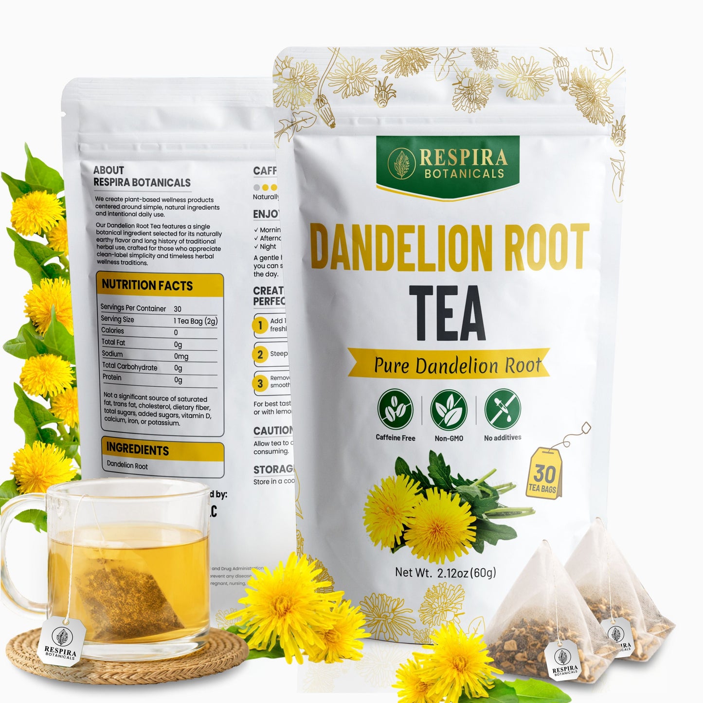 Dandelion Root Tea Bags - Liver & Digestive Support | Plastic-Free Tea Bags, String and Tag, 30 pack Respira Botanicals