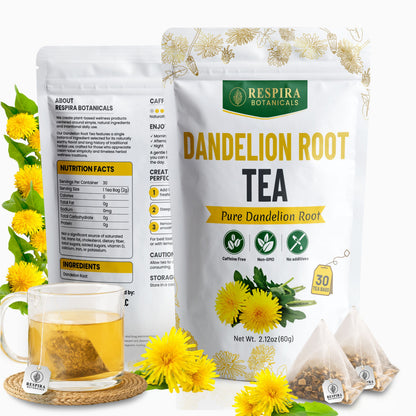 Dandelion Root Tea Bags - Liver & Digestive Support | Plastic-Free Tea Bags, String and Tag, 30 pack Respira Botanicals