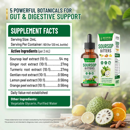 Soursop Bitters Liquid Drops, Gut & Digestive Support, Ginger & Turmeric, Alcohol-Free, 4 fl oz Respira Botanicals