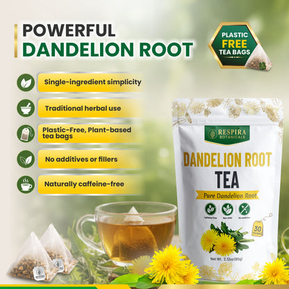 Dandelion Root Tea Bags - Liver & Digestive Support | Plastic-Free Tea Bags, String and Tag, 30 pack Respira Botanicals