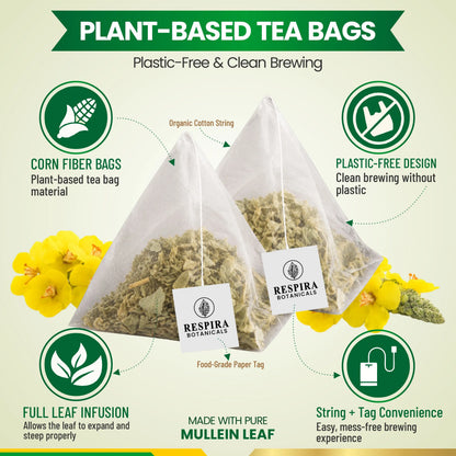 Mullein Leaf Tea - Lungs Cleanse & Respiratory Support, No Additives or Fillers, Caffeine-Free, Plastic-Free Tea Bags (30 pack) Respira Botanicals