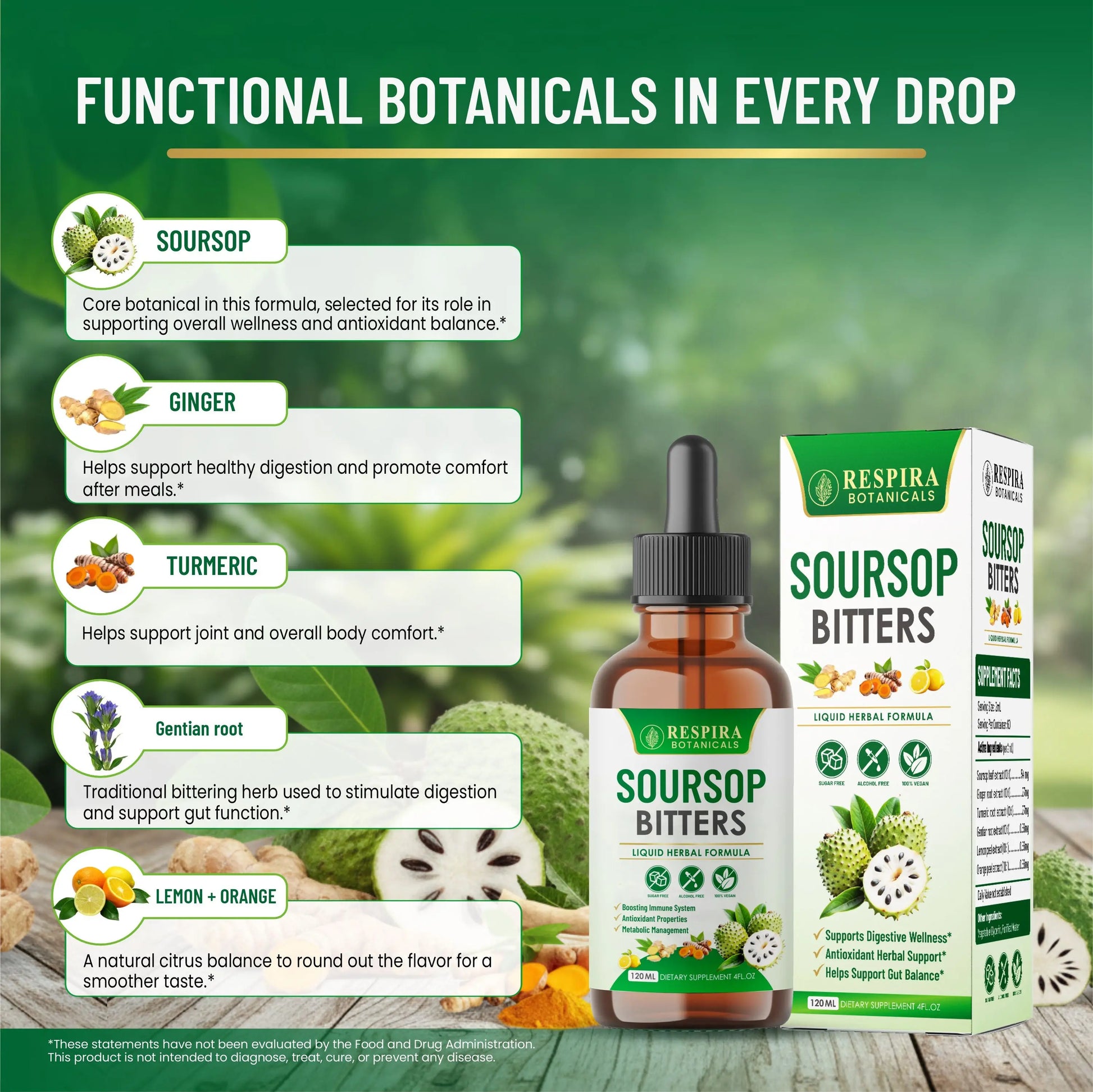 Soursop Bitters Liquid Drops, Gut & Digestive Support, Ginger & Turmeric, Alcohol-Free, 4 fl oz Respira Botanicals
