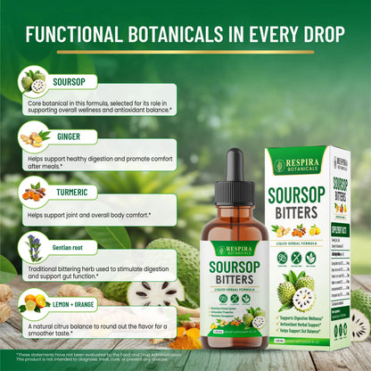 Soursop Bitters Liquid Drops, Gut & Digestive Support, Ginger & Turmeric, Alcohol-Free, 4 fl oz Respira Botanicals