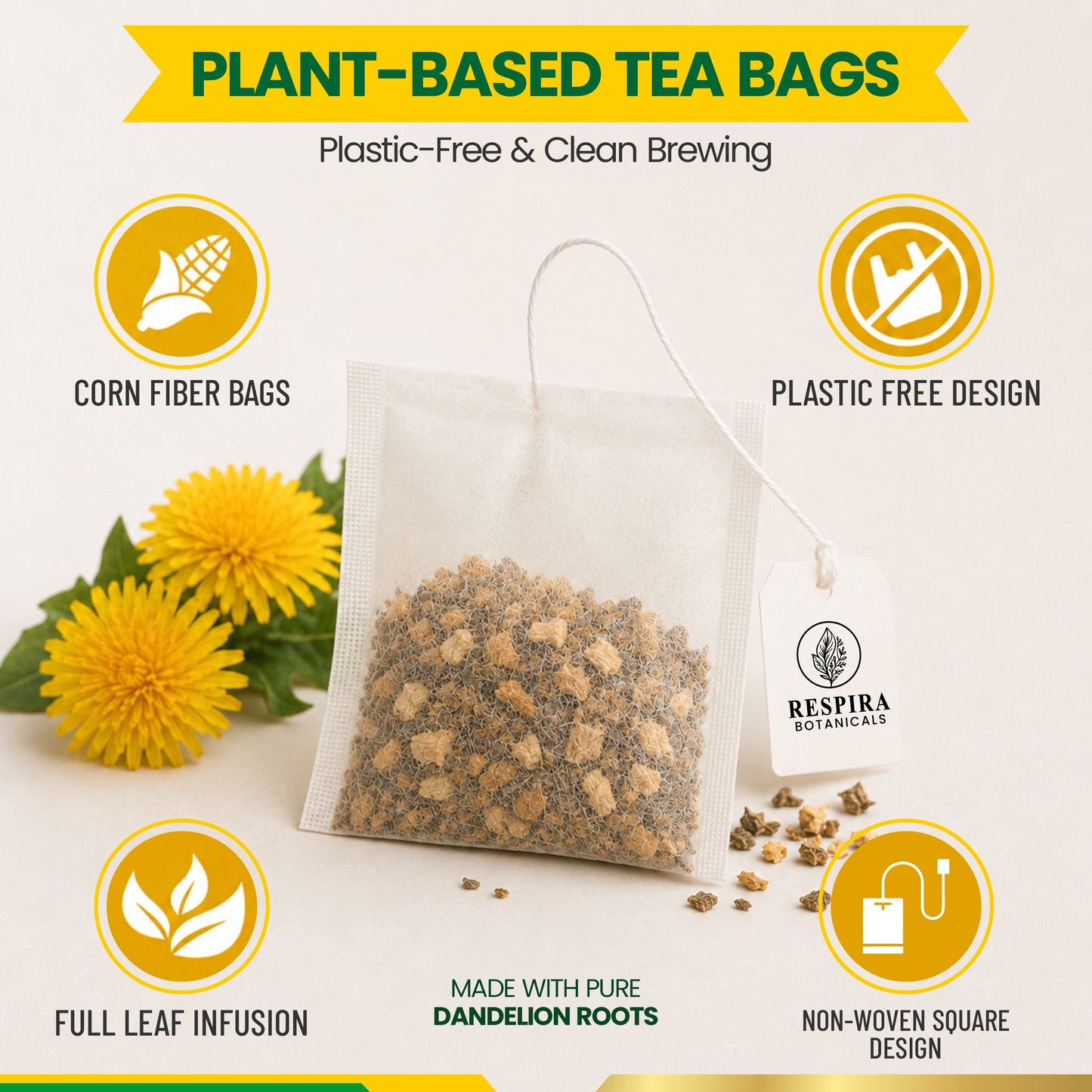 Dandelion Root Tea Bags - Liver & Digestive Support | Plastic-Free Tea Bags, String and Tag, 30 pack Respira Botanicals