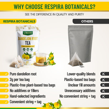 Dandelion Root Tea Bags - Liver & Digestive Support | Plastic-Free Tea Bags, String and Tag, 30 pack Respira Botanicals