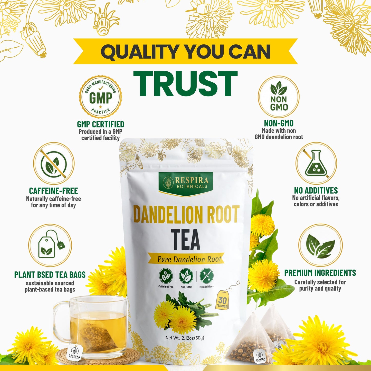 Dandelion Root Tea Bags - Liver & Digestive Support | Plastic-Free Tea Bags, String and Tag, 30 pack Respira Botanicals