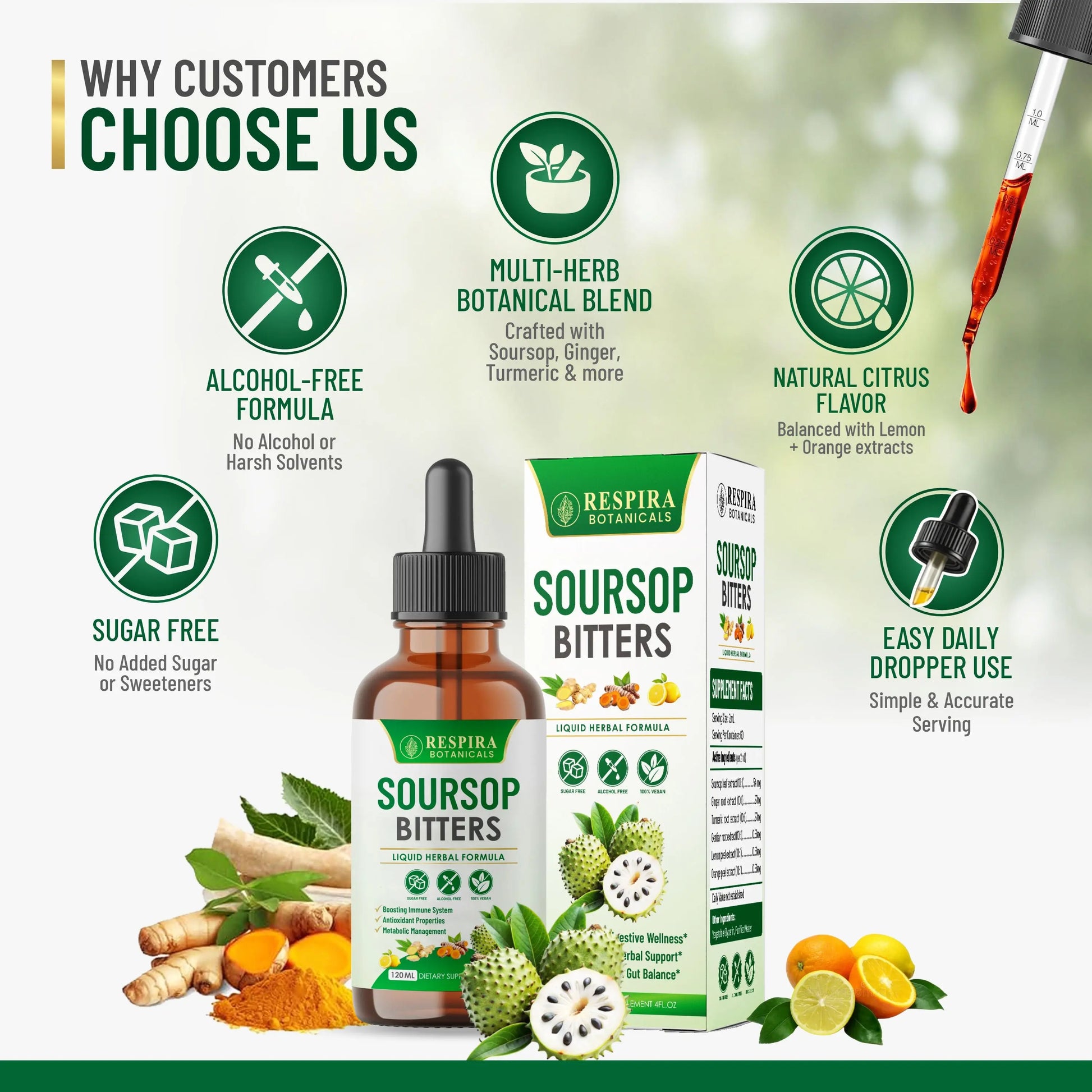 Soursop Bitters Liquid Drops, Gut & Digestive Support, Ginger & Turmeric, Alcohol-Free, 4 fl oz Respira Botanicals
