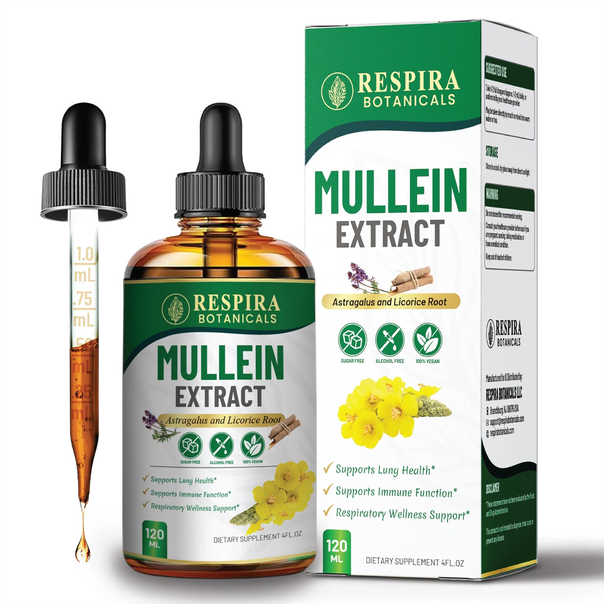 Mullein Extract for Lung Health & Respiratory Support, with Astragalus and Licorice Root, Alcohol-Free Liquid Drops, Sugar-Free, Vegan, 4 fl oz Respira Botanicals