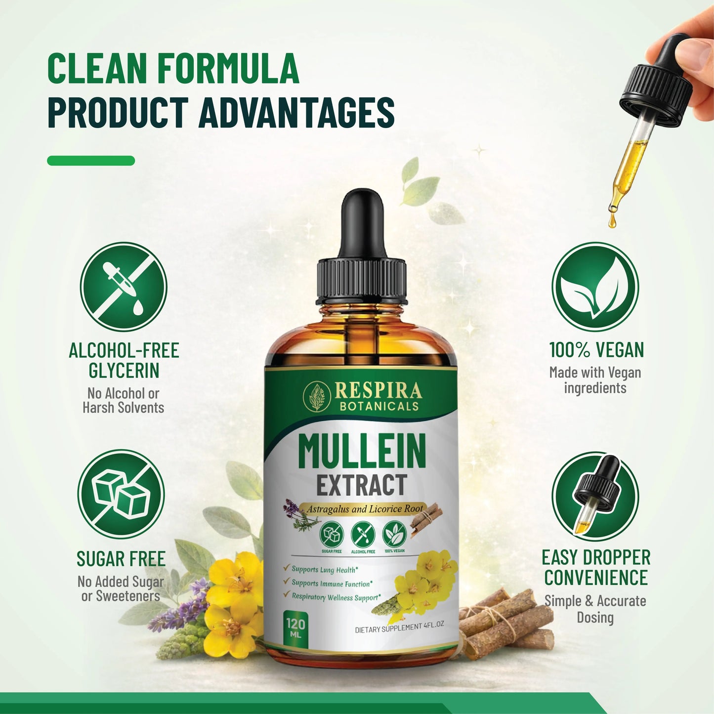 Mullein Extract for Lung Health & Respiratory Support, with Astragalus and Licorice Root, Alcohol-Free Liquid Drops, Sugar-Free, Vegan, 4 fl oz Respira Botanicals