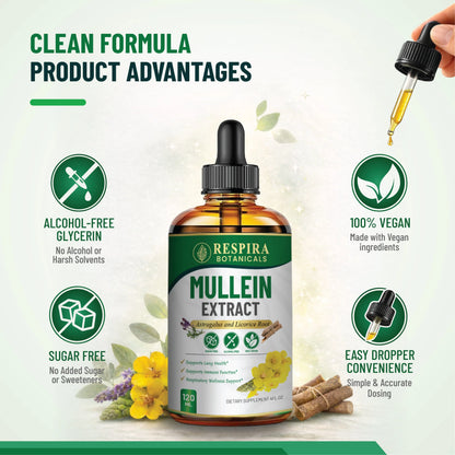 Mullein Extract for Lung Health & Respiratory Support, with Astragalus and Licorice Root, Alcohol-Free Liquid Drops, Sugar-Free, Vegan, 4 fl oz Respira Botanicals
