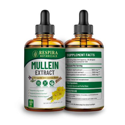 Mullein Extract for Lung Health & Respiratory Support, with Astragalus and Licorice Root, Alcohol-Free Liquid Drops, Sugar-Free, Vegan, 4 fl oz Respira Botanicals
