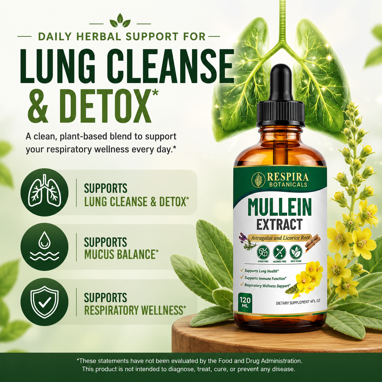 Mullein Leaf Drops - Lungs Cleanse & Respiratory Support | 3-Herb Enhanced Formula, Vegan Liquid Drops, 4 Fl Oz, 2 months supply Respira Botanicals