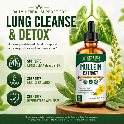 Mullein Leaf Drops - Lungs Cleanse & Respiratory Support | 3-Herb Enhanced Formula, Vegan Liquid Drops, 4 Fl Oz, 2 months supply Respira Botanicals