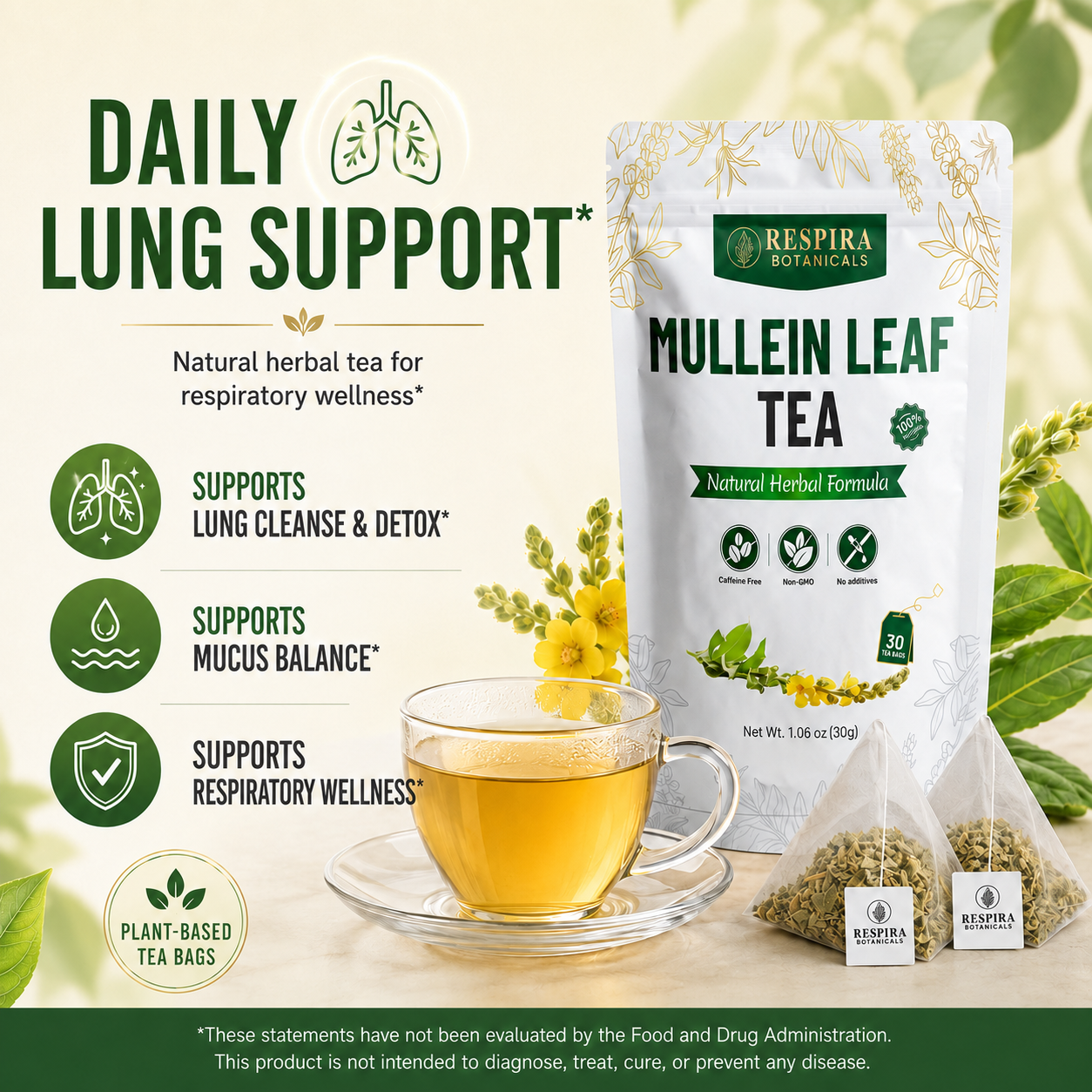 Mullein Leaf Tea Bags - Lungs Cleanse & Respiratory Support| Plastic-Free, Plant-Based Tea Bags, String and Tag, 30 pack Respira Botanicals