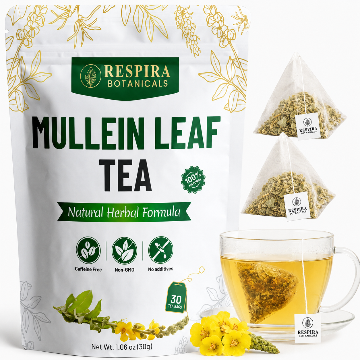 Mullein Leaf Tea Bags - Lungs Cleanse & Respiratory Support| Plastic-Free, Plant-Based Tea Bags, String and Tag, 30 pack Respira Botanicals