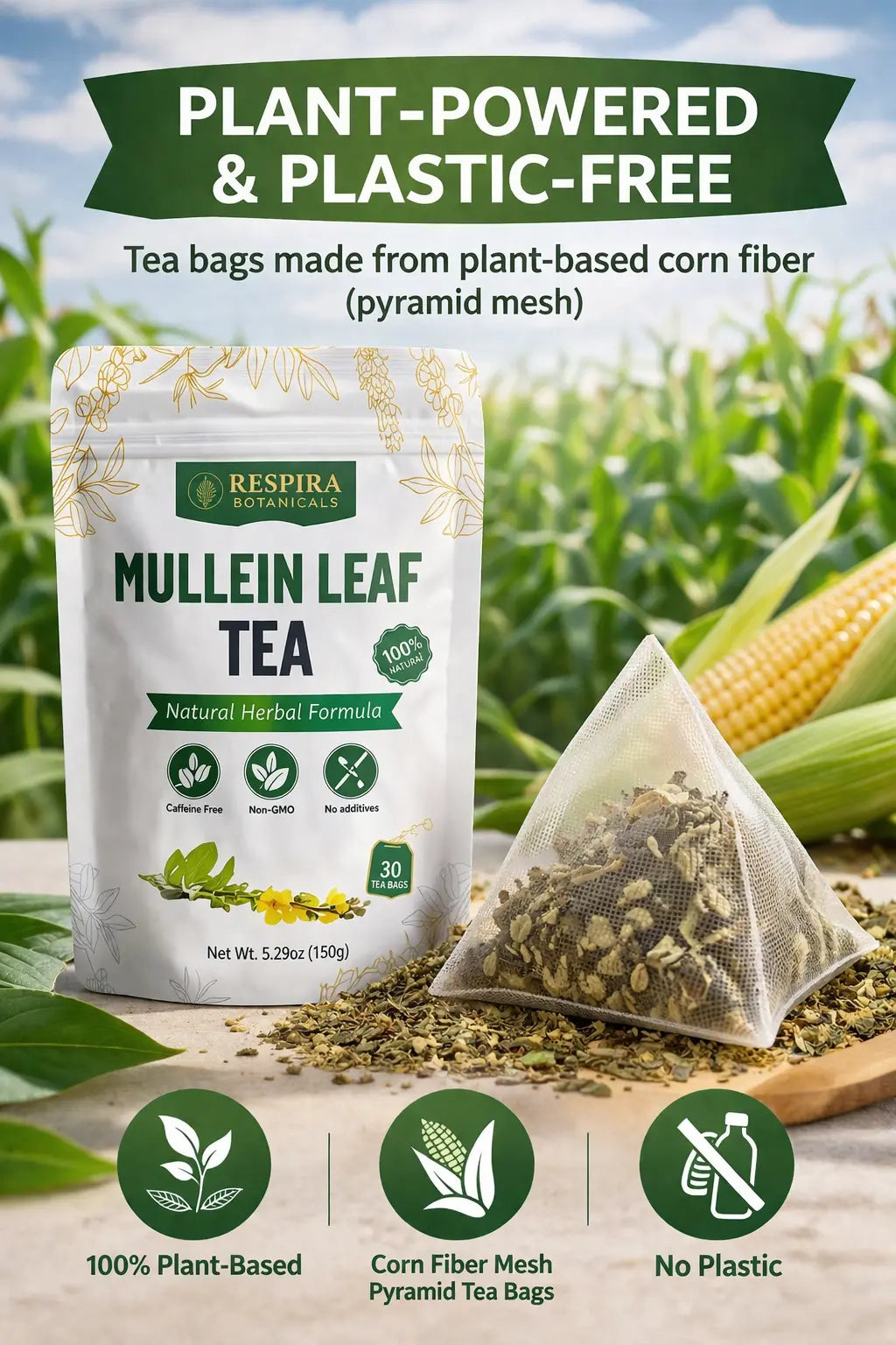 Mullein Leaf Tea - Lung Cleanse and Respiratory Support, Plastic-Free Tea Bags (30 pack) Respira Botanicals