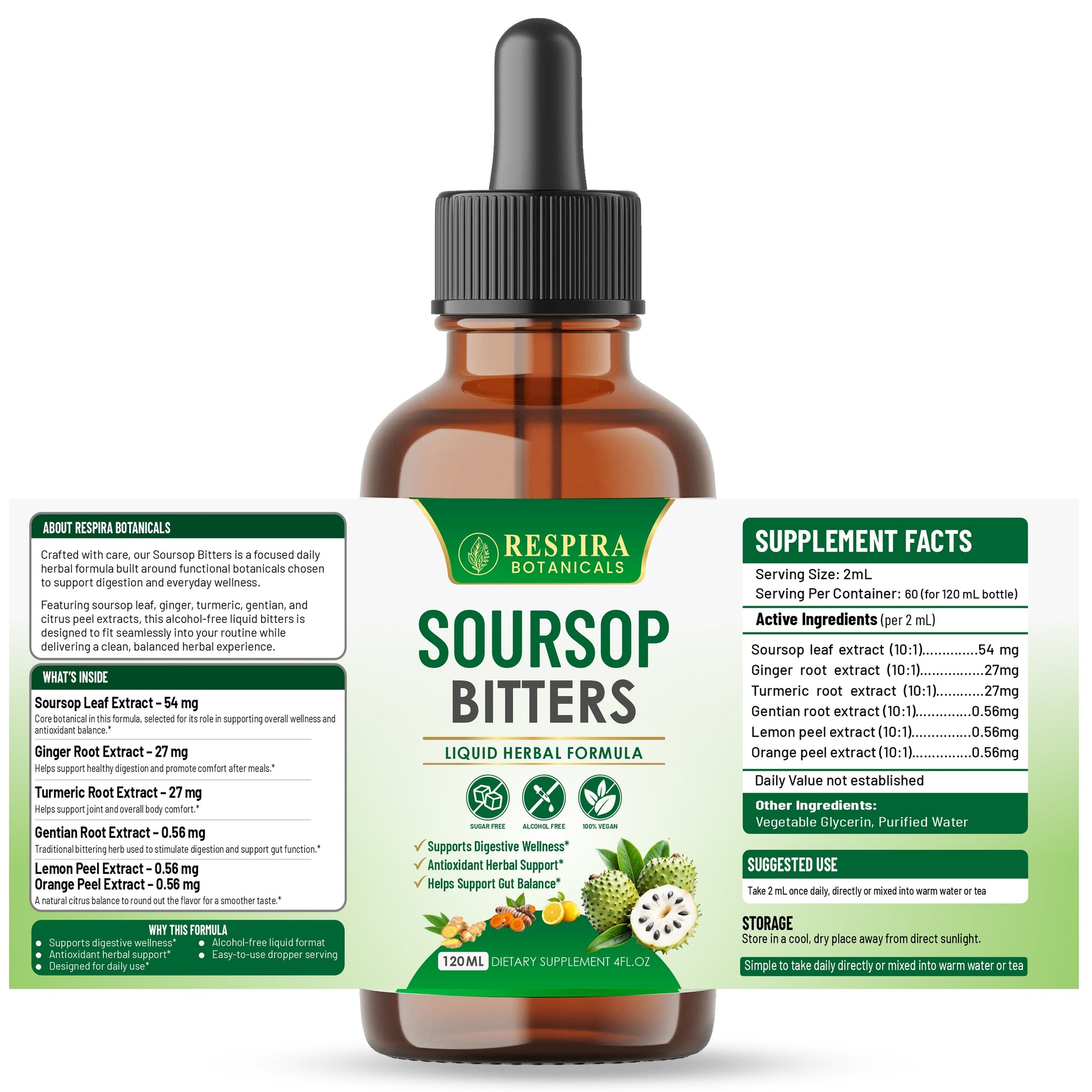 Soursop Bitters Liquid Drops - Gut & Digestive Support, Ginger & Turmeric, Alcohol-Free, 4 fl oz Respira Botanicals