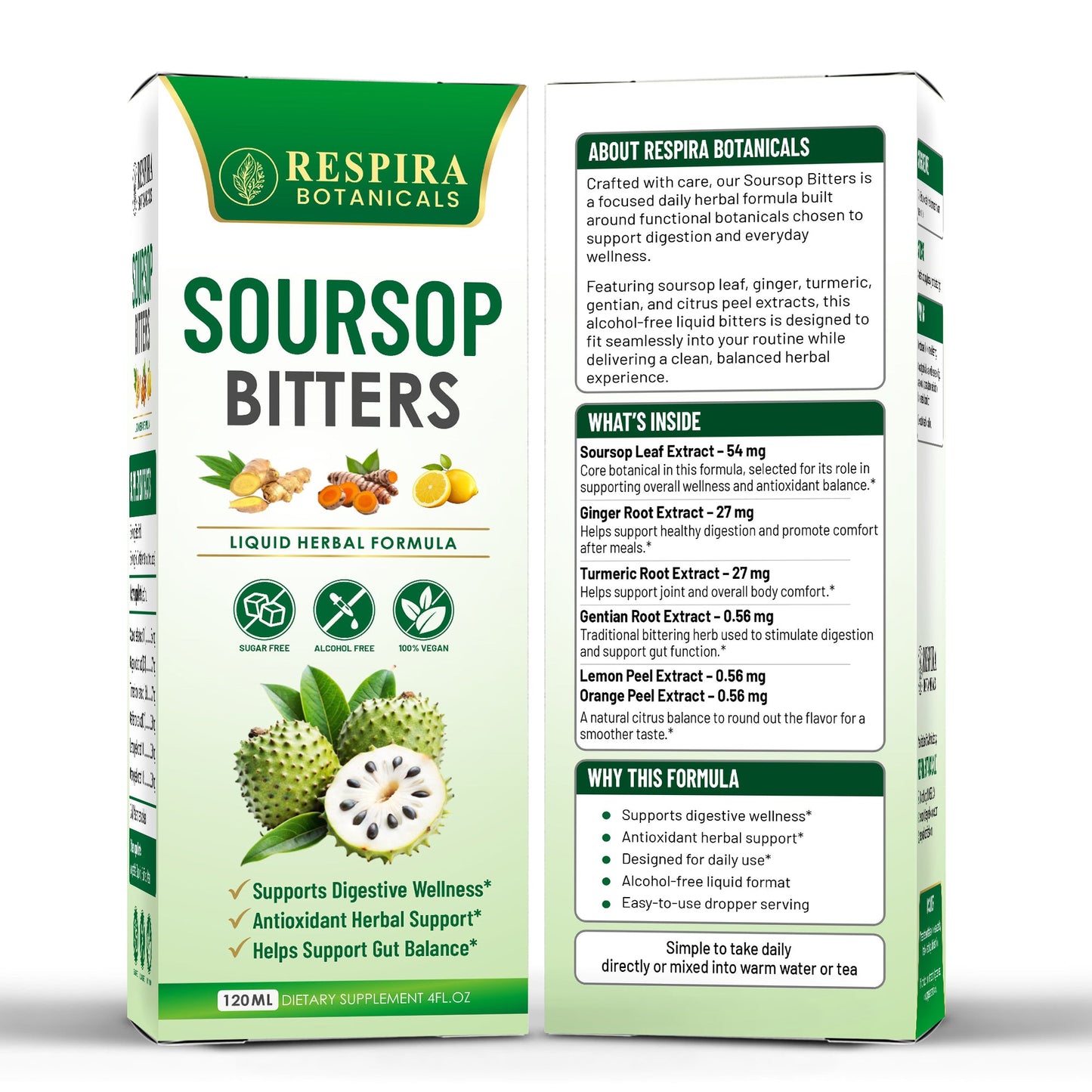 Soursop Bitters Liquid Drops - Gut & Digestive Support, Ginger & Turmeric, Alcohol-Free, 4 fl oz Respira Botanicals