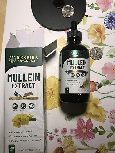 Respira Botanicals Mullein Extract bottle and packaging on a floral background